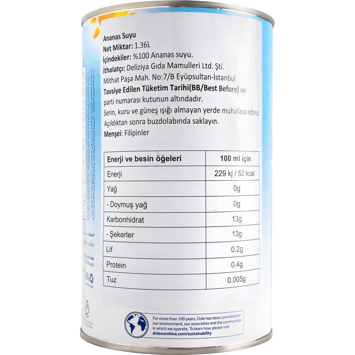 Dole Ananas Suyu 1360 Ml arka etiket