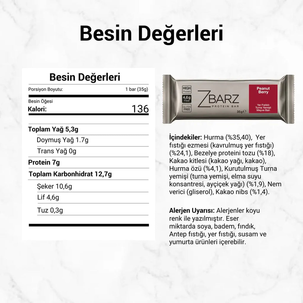 Zbarz Yer Fıstığı & Turna Yemişi Protein Bar 35 Gr x20 besin etiketi