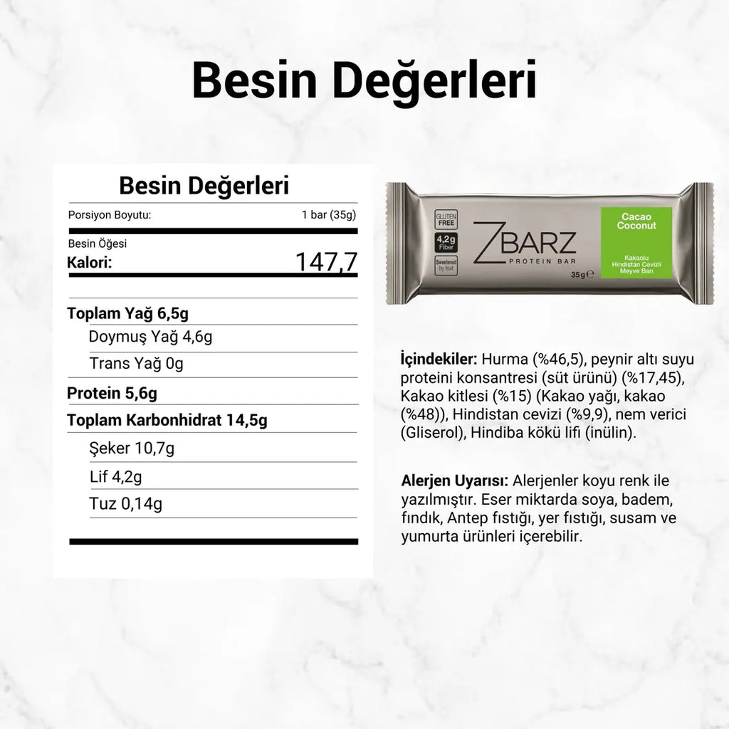 Zbarz Kakao & Hindistan Cevizi Protein Bar 35 Gr x24 besin etiketi