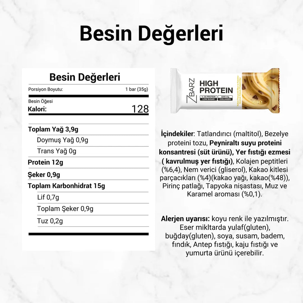 Zbarz %35 Protein Bar Kakao Parçacıklı Muz & Karamel 35 Gr x24 besin etiketi