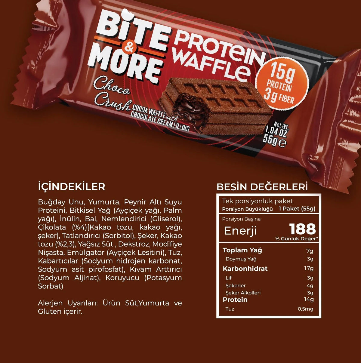 Bite & More Kakaolu Çikolata Kremalı Protein Waffle 55 Gr
