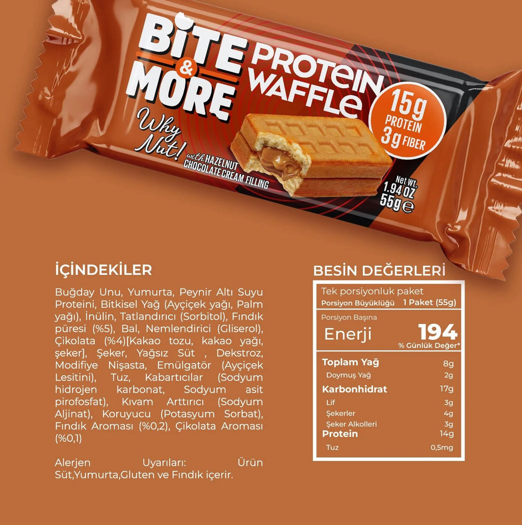 Bite&More Fındık Dolgulu Protein Waffle 55 Gr