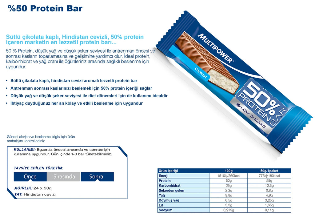 Multipower %50 Coconut Flavored Protein Bar 50 Gr x 20