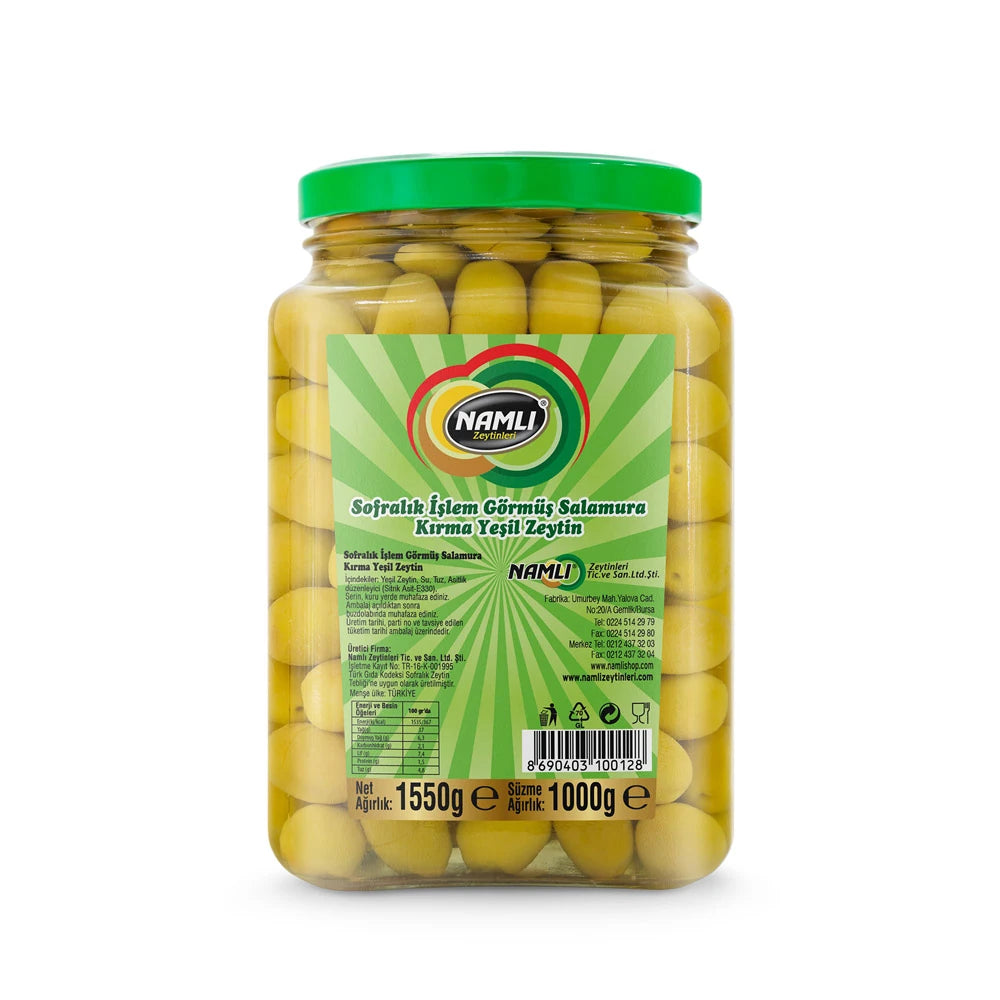 Namlı Sofralık İşlem Görmüş Salamura Kırma Yeşil Zeytin 1000 Gr