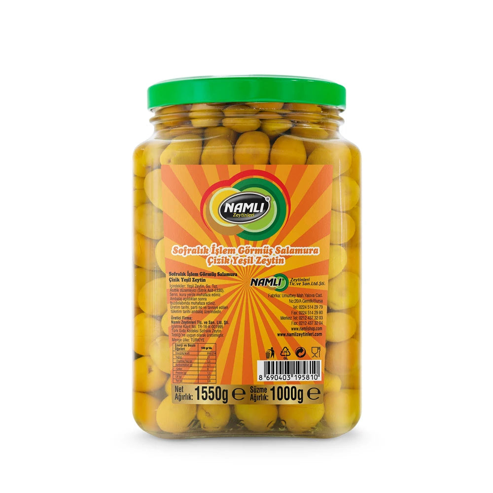 Namlı Sofralık İşlem Görmüş Salamura Çizik Yeşil Zeytin 1000 Gr
