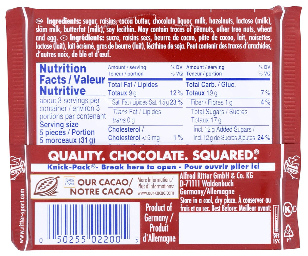 Ritter Sport Raisin Hazelnut Chocolate 100 Gr