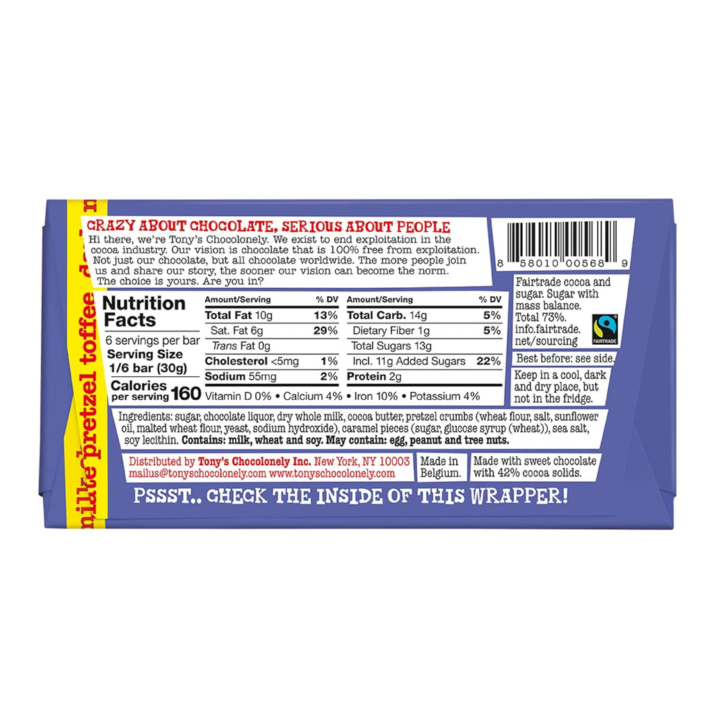 Tony's Chocolonely Dark Milk Pretzel Toffee Chocolate Bar 180 Gr