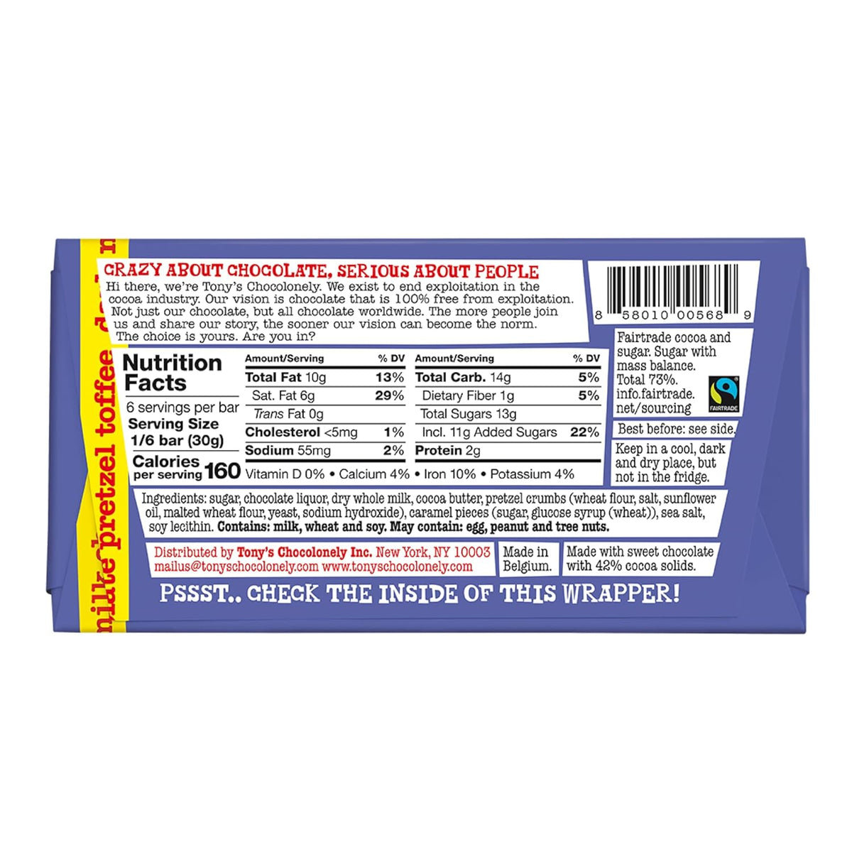 Tony's Chocolonely Dark Milk Pretzel Toffee Chocolate Bar 180 Gr