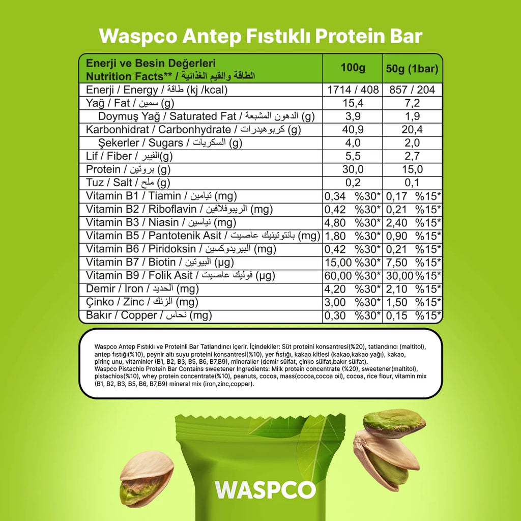 Waspco Antep Fıstıklı Protein Bar 50 Gr