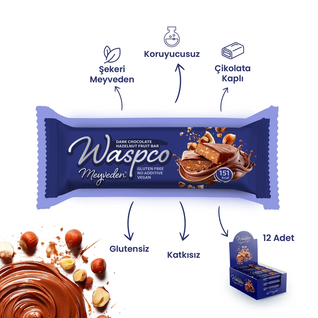 Waspco Bitter Çikolatalı Fındıklı Meyve Bar 35 Gr