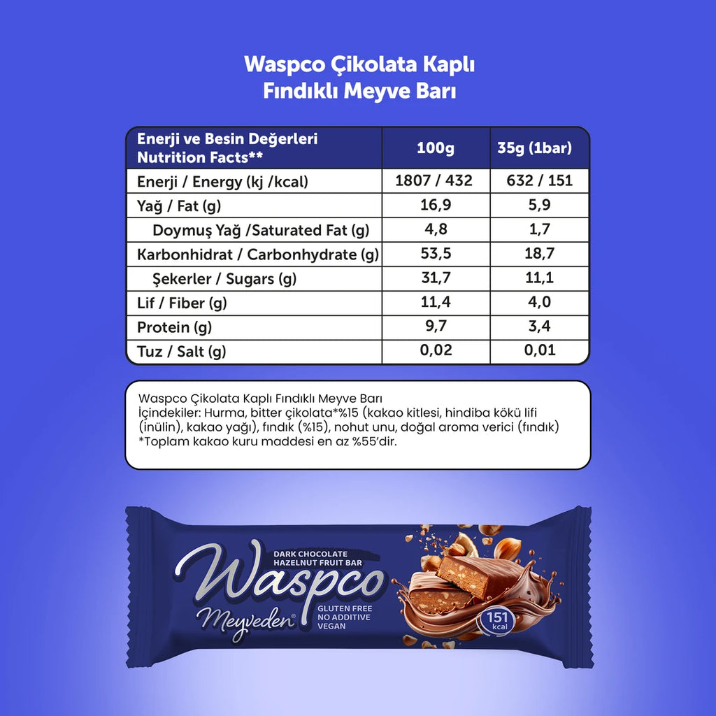 Waspco Bitter Çikolatalı Fındıklı Meyve Bar 35 Gr