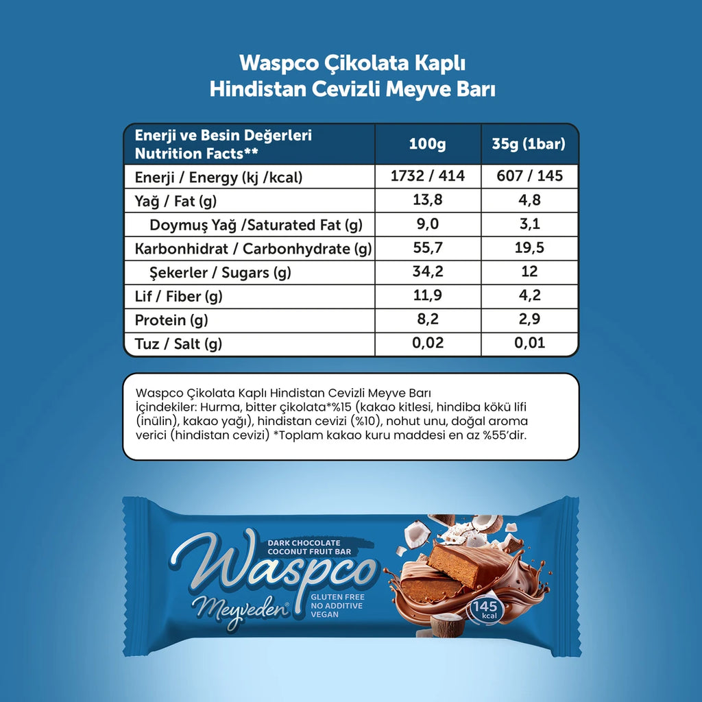 Waspco Bitter Çikolatalı Hindistan Cevizli Meyve Bar 35 Gr